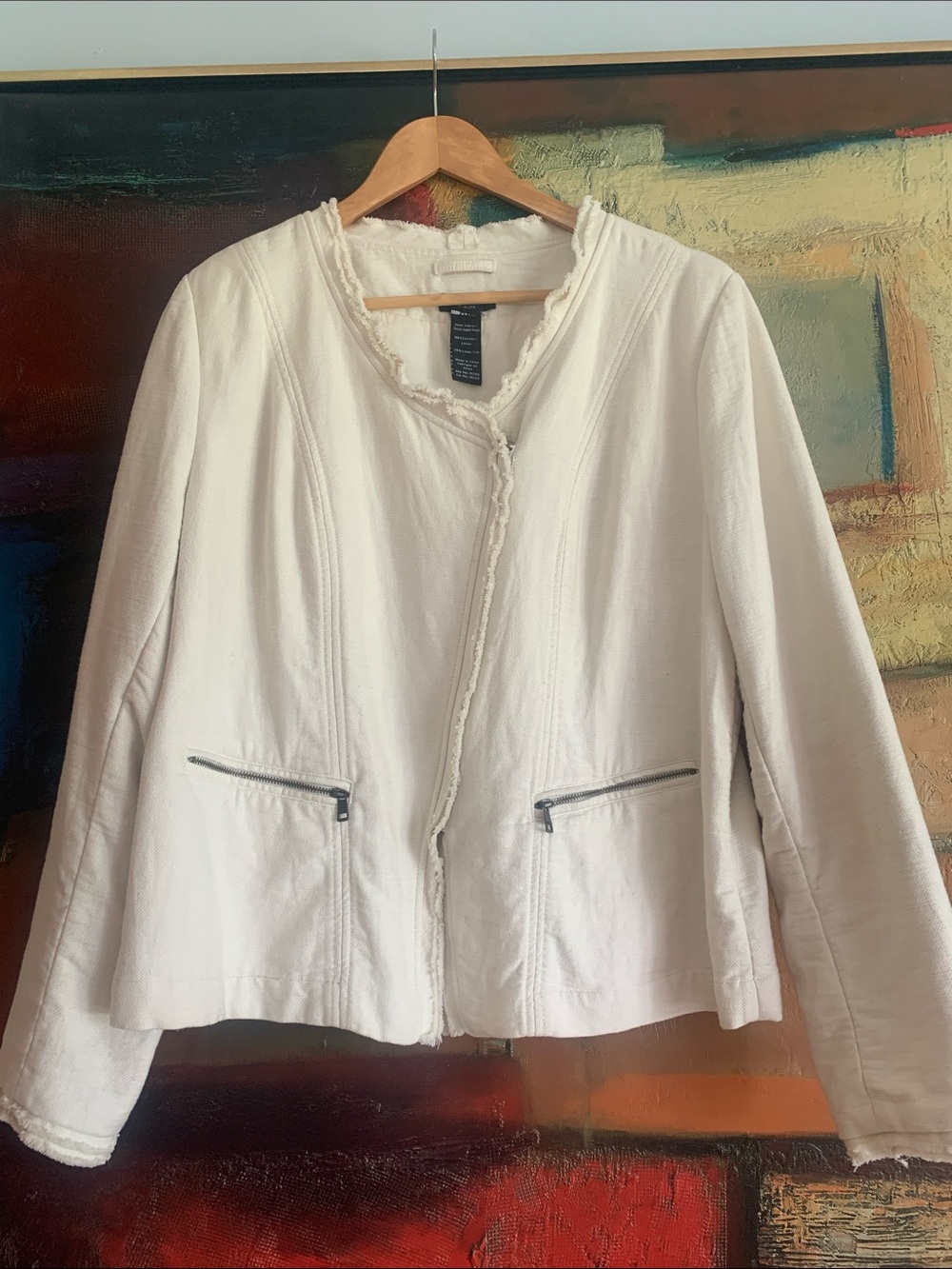 Olsen Europe Cotton Linen Frayed Raw Edge Jacket, Size 14